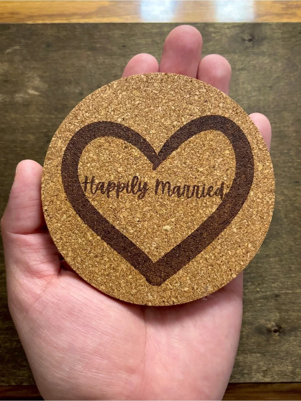 Happily Married Heart Laser Engraved Cork Coaster